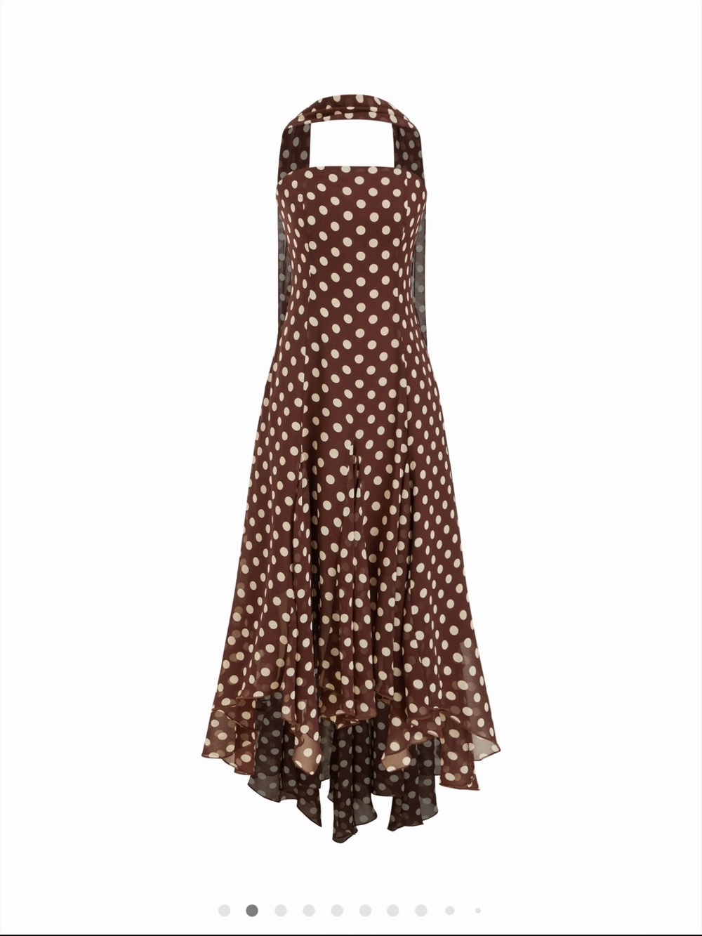 CHIFFON HALTER NECKLINE POLKA DOT RUFFLED HEM RUCHED MAXI DRESS - Picture 3 of 9